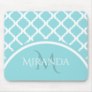 Trendy Large Aqua Quatrefolie Monongram und Name Mousepad