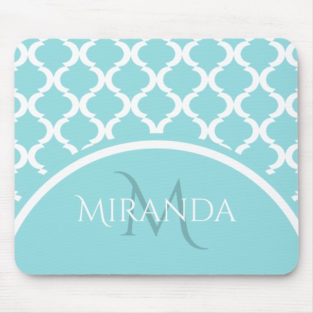 Trendy Large Aqua Quatrefolie Monongram und Name Mousepad (Vorne)