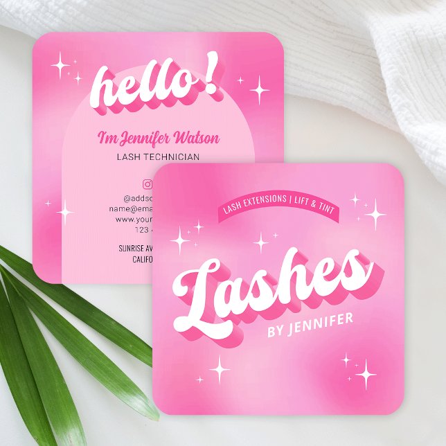 Trendy Lashes Groovy Girly Pink Lash Extensions Quadratische Visitenkarte (Retro pink lashes business cards with groovy fonts and trendy nostalgia style design)