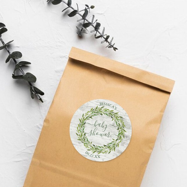 Trendy Laurel Wreath Greenery Baby Shower Runder Aufkleber (Von Creator hochgeladen)