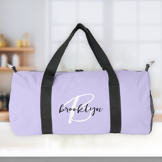Trendy Lavender Schwarz-weiß Script Monogram Duffle Bag (Von Creator hochgeladen)