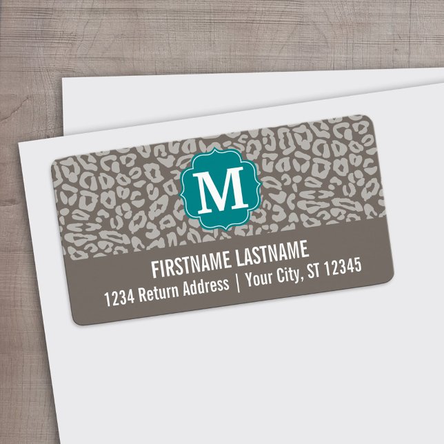 Trendy Leopard Druckmuster mit Aqua Monogram Adressaufkleber (Custom Address Label)