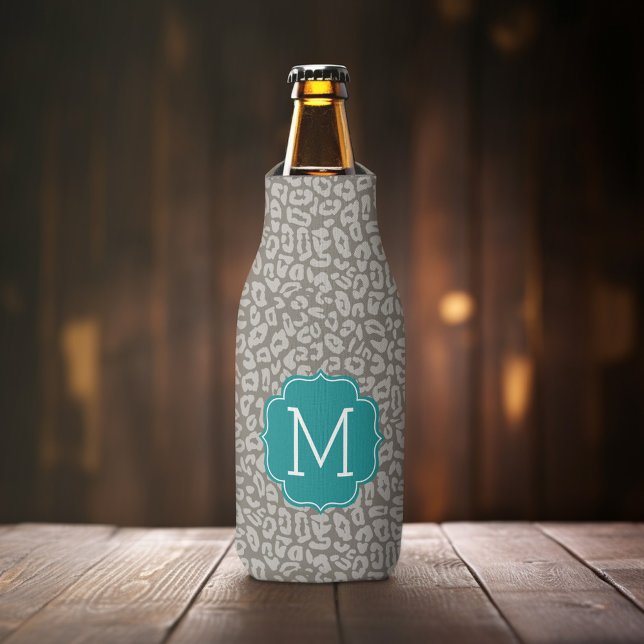 Trendy Leopard Druckmuster mit Aqua Monogram Flaschenkühler (Personalized Bottle Cooler - Add Name or Custom Text )
