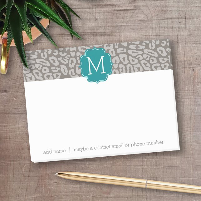 Trendy Leopard Druckmuster mit Aqua Monogram Post-it Klebezettel (Personalized post-it notes with an area to add your name or other text)