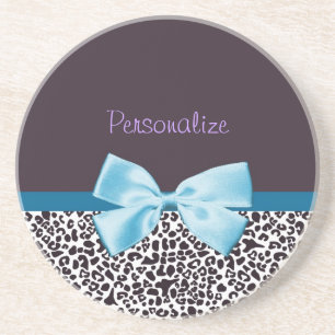 Trendy Leopard Print und Blue Ribbon mit Namen Getränkeuntersetzer