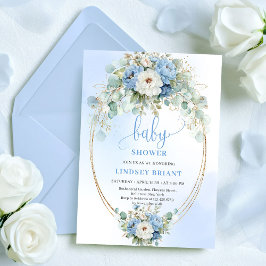 Trendy Light Blue Flowers Greenery Baby Shower  Einladung