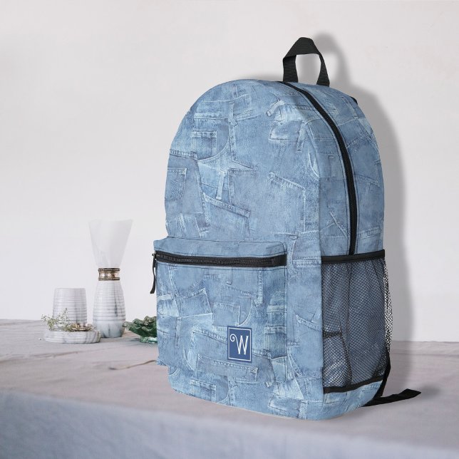 Trendy Light Blue Jean Imitats Effect Monogram Bedruckter Rucksack (Trendy light jean blue faux effect name custom printed backpack, back to school, travel backpack)