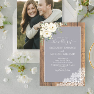 Trendy Light Gray Rustic Wood Script Foto Wedding Einladung