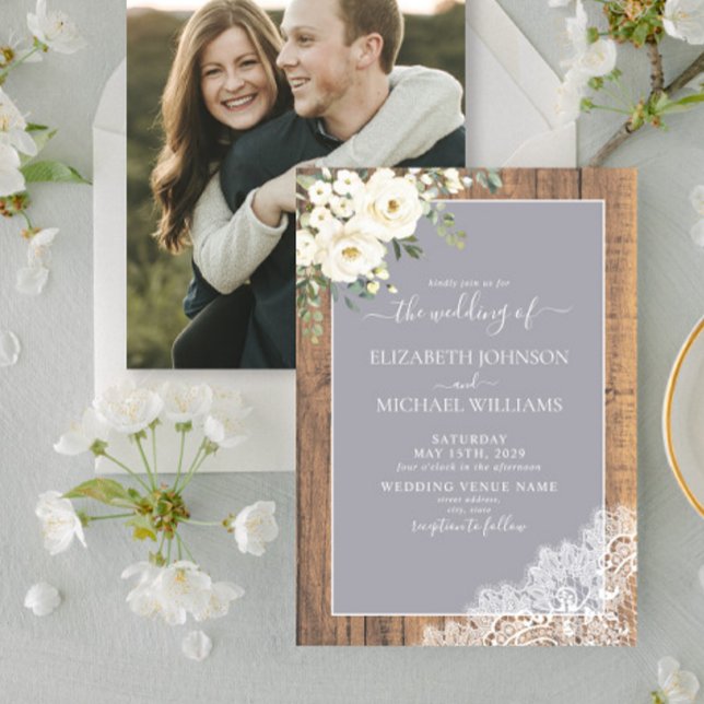 Trendy Light Gray Rustic Wood Script Foto Wedding Einladung (Von Creator hochgeladen)