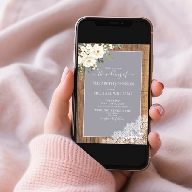 Trendy Light Gray Rustic Wood Script Foto Wedding Einladung (Von Creator hochgeladen)