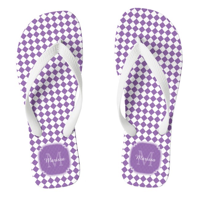 Trendy Light Lila Checked Mit Monogramm Name Flip Flops (Fußbett)