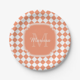Trendy Light Orange Checkter Mit Monogramm Name Pappteller