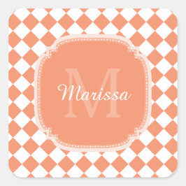 Trendy Light Orange Checkter Mit Monogramm Name Quadratischer Aufkleber