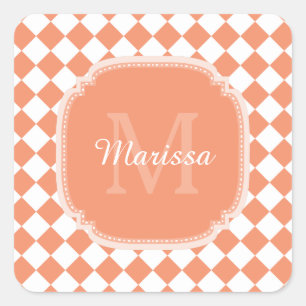 Trendy Light Orange Checkter Mit Monogramm Name Quadratischer Aufkleber