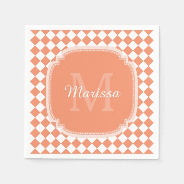 Trendy Light Orange Checkter Mit Monogramm Name Serviette (Vorderseite)