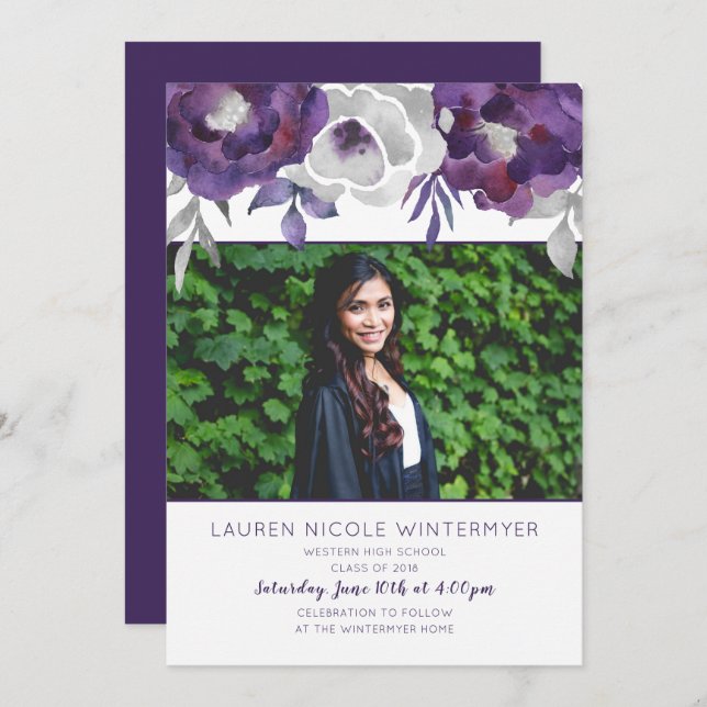 Trendy Lila Floral Foto Graduation Einladungen (Vorne/Hinten)