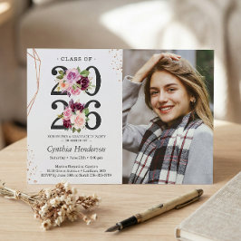 Trendy Lila Floral Rose Gold Foto Abschluss Einladung