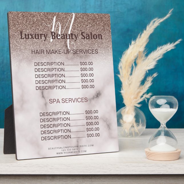 Trendy Lila Glitzer Monogram Salon Price Menu Fotoplatte (Seite)