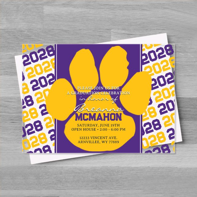 Trendy Lila & Gold Abschluss Pawprint Clear Acryleinladungen (Purple and Yellow Gold Frosted Acrylic Pawprint Graduation Invitation)