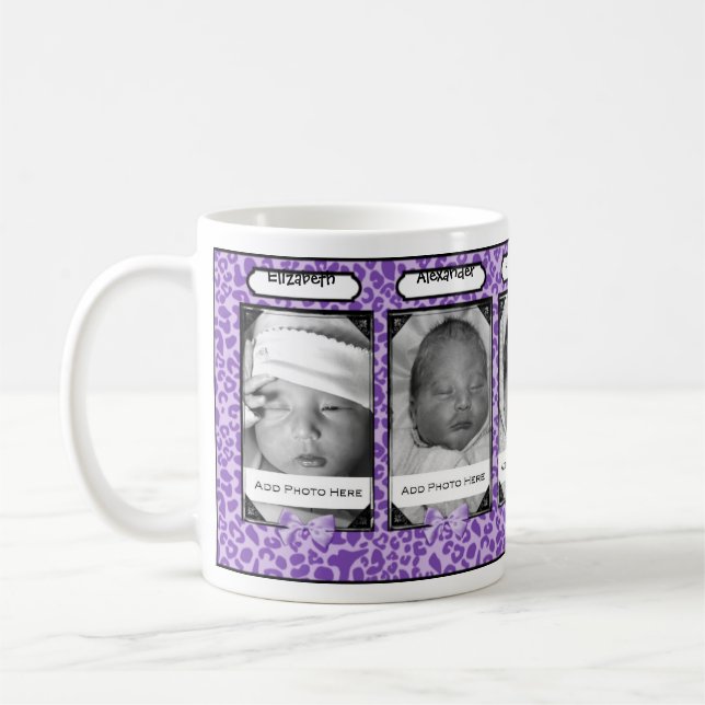 Trendy lila Leopard-Baby-Foto und Name Tasse (Links)