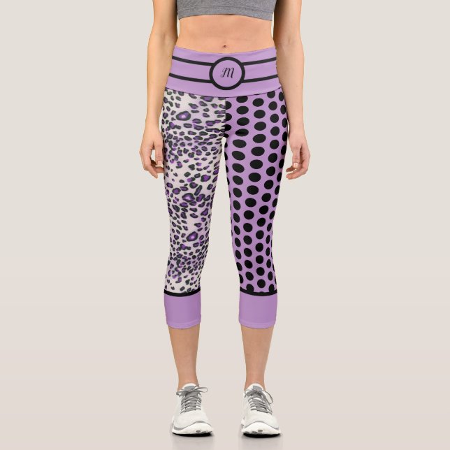 Trendy Lila Leopard Lila Black Punkt Custom Capri Leggings (Vorderseite)