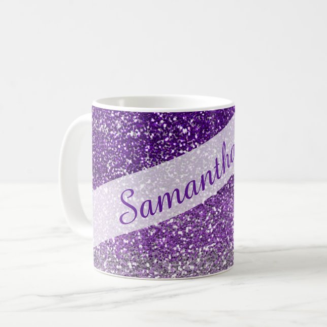 Trendy Lila Ombre Glitzer Name Personalisiert Kaffeetasse (Vorderseite Links)