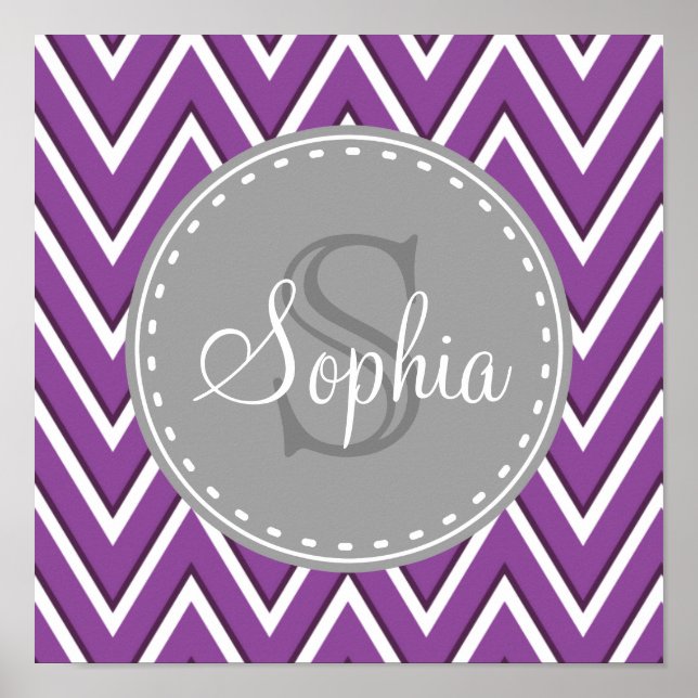 Trendy Lila Zickzack Muster Grau Monogramm Poster (Vorne)
