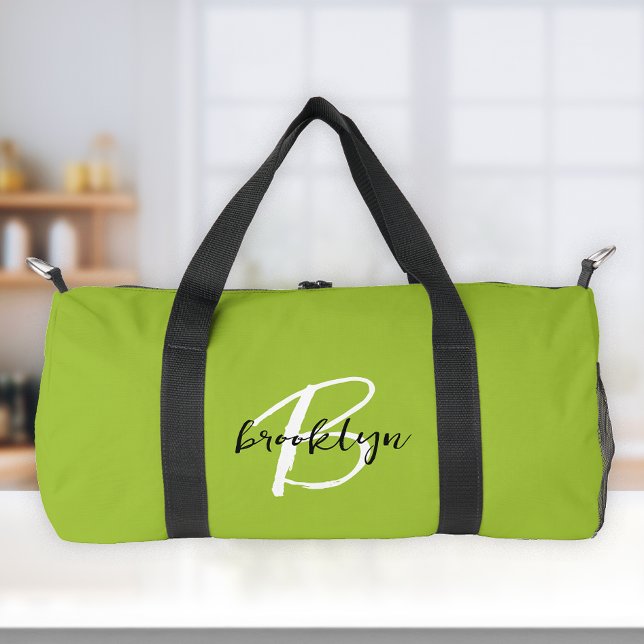 Trendy Lime Green Schwarz-weiß Script Monogram Duffle Bag (Von Creator hochgeladen)