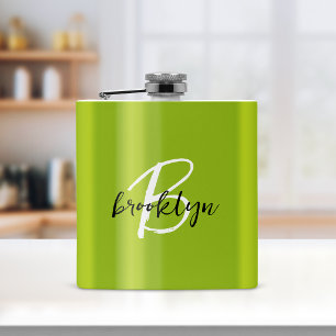 Trendy Lime Green Schwarz-weiß Script Monogram Flachmann
