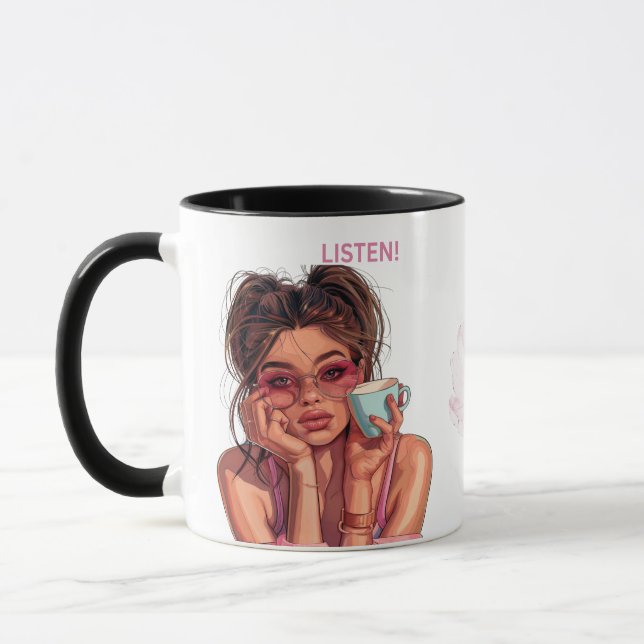 Trendy "Listen"-Tasse mit Sassy Coffee Quote Tasse (Links)