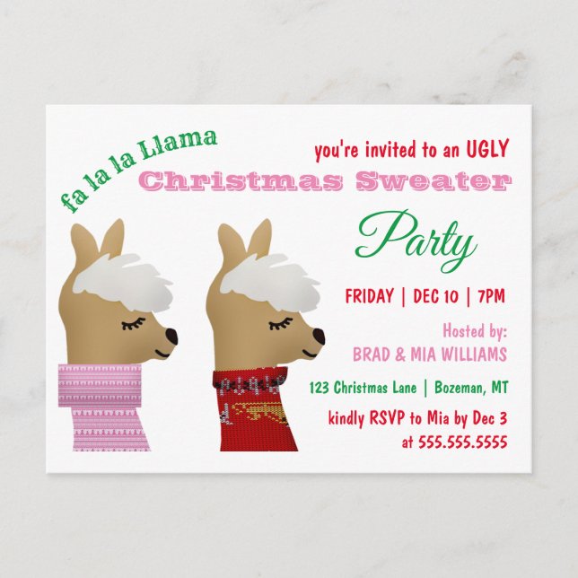 Trendy Llama Christmas Sweater Party Einladung Postkarte (Vorderseite)