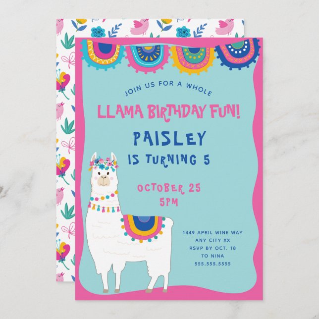 Trendy Llama Geburtstagsparty Einladung (Vorne/Hinten)