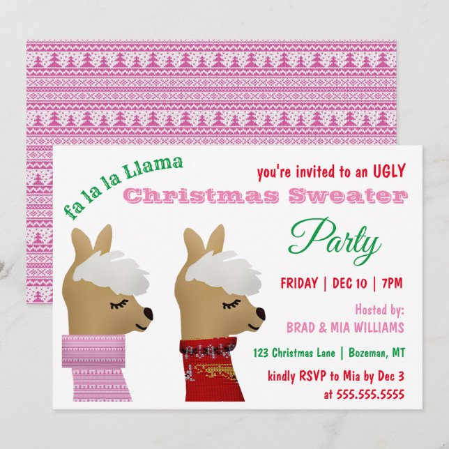 Trendy Llama Pink Weihnachts Sweater Party Einladung (Vorne/Hinten)
