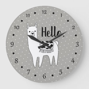 Trendy Llama Sketch & White Dots Hello Große Wanduhr