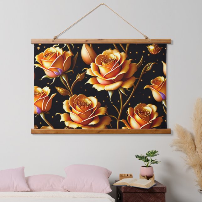 Trendy Luxury Big Gold Rose Collection Wandteppich Mit Holzrahmen (Schlafzimmer)