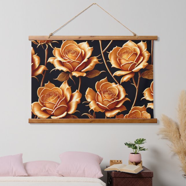 Trendy Luxury Boho Gold Rose Collection Wandteppich Mit Holzrahmen (Schlafzimmer)