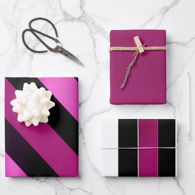 Trendy Magenta Rosa, Schwarz & Weiß Streifen Geschenkpapier Set (Vorderseite)