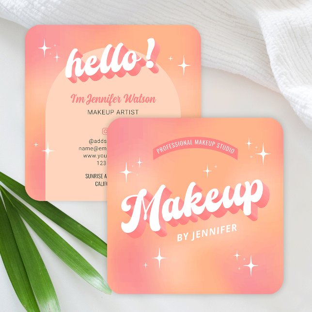 Trendy Makeup Artist Girly Retro Peach Beauty Quadratische Visitenkarte (Modern makeup artist business cards featuring retro style groovy fonts and pastel peach hues)