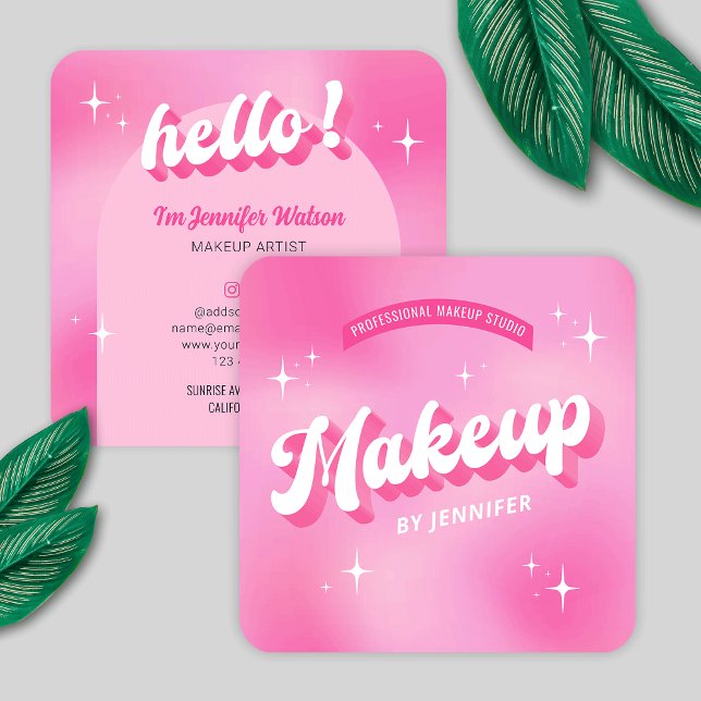 Trendy Makeup Artist Pink Girly Groovy Beauty Quadratische Visitenkarte (Modern groovy makeup artist business cards featuring retro fonts, girly pink hues and trendy design)