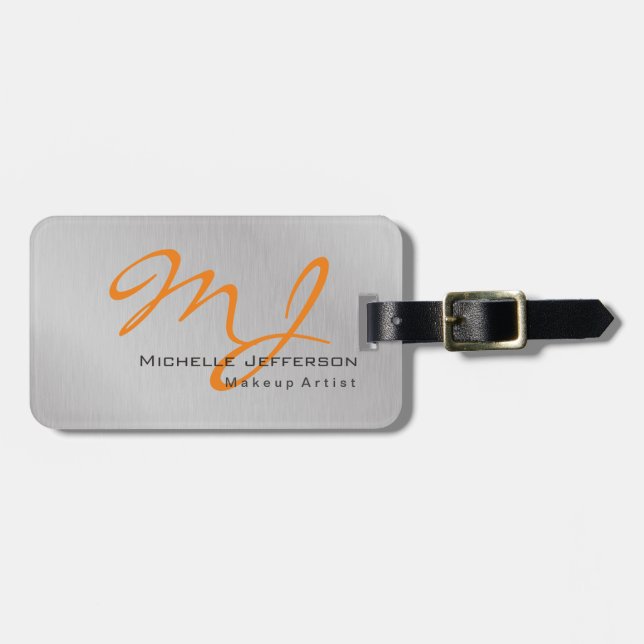 Trendy Makeup Artist Silver Gray Orange Monogram Gepäckanhänger (Vorderseite horizontal)