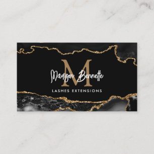 Trendy Marble Agate Black Gold Script Monogram Visitenkarte