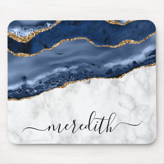 Trendy Marble Navy Blue Gold Agate Monogram Mouse Mousepad (Vorne)
