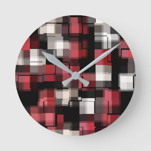 Trendy Maroon Red Black White Abstract Plaid Runde Wanduhr
