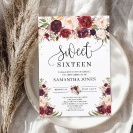 Trendy marsala burgundy blush floral 16 . Geburtst Einladung