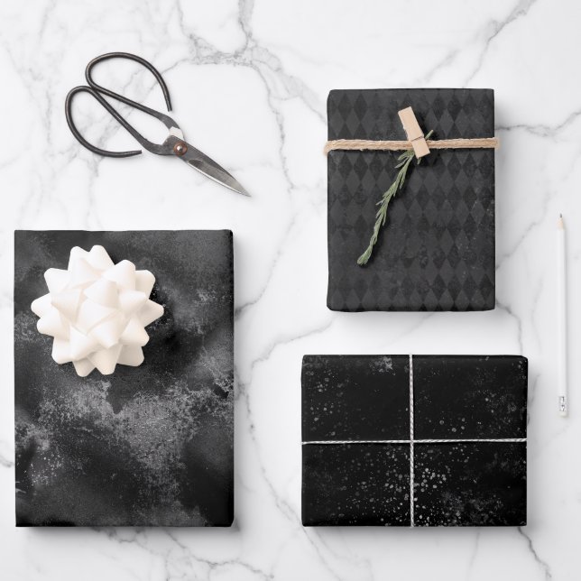 Trendy Matte Black und Gray Grunge Texture Geschenkpapier Set (Vorderseite)