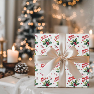 Trendy Merry Christmas Holly und Berries Pattern Geschenkpapier