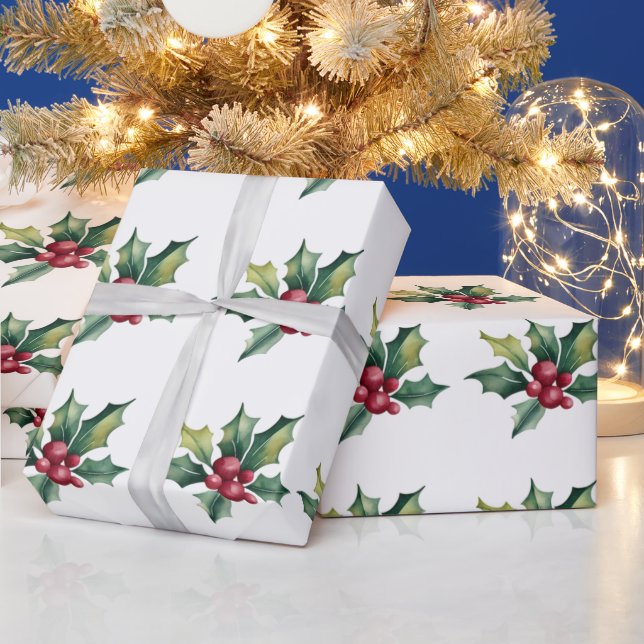 Trendy Merry Christmas Holly und Berries Pattern Geschenkpapier (Feiertage)