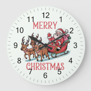 Trendy Merry Christmas Santa Sleigh Reindeer Große Wanduhr