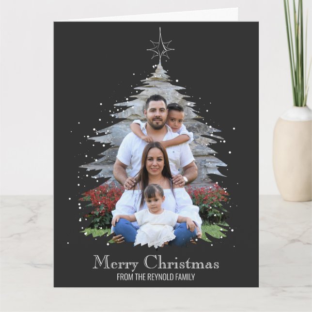 Trendy Merry Christmas Tree Silhouette Foto Gray Karte (Vorderseite)