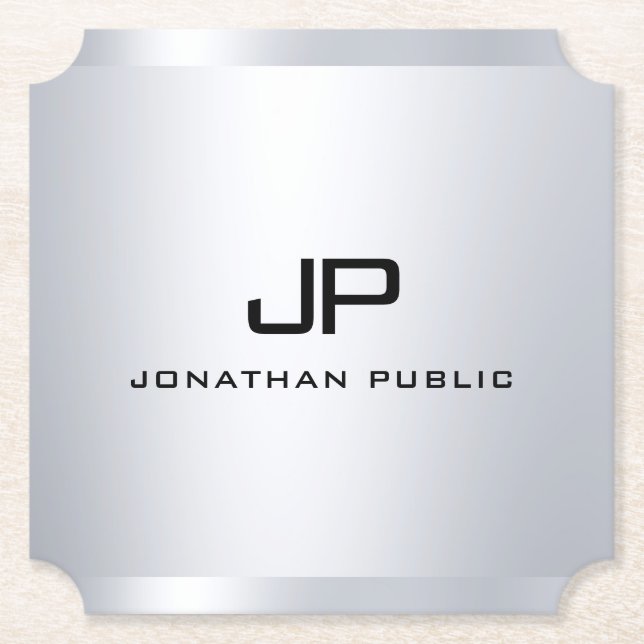 Trendy Metallic Look Imitat Silver Monogram Templa Untersetzer (Vorderseite)